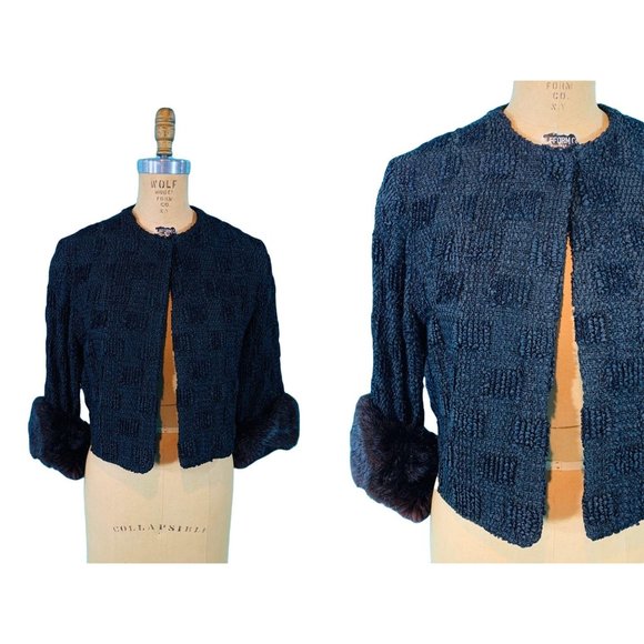 Vintage 50s Black Jacket Womens Small Ribbon Top Black Brown Fur Evening Top - Picture 2 of 10